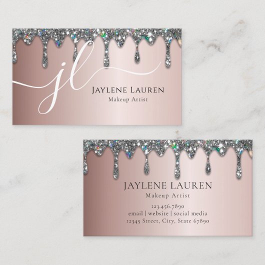 Luxury Monogram Silver Glitter Drift Light Mauve Visitekaartje (Voorkant / Achterkant)