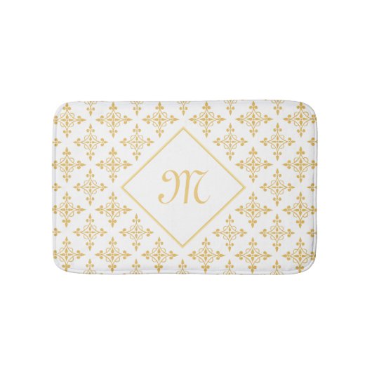 Luxury Monogram White en Gold Quatre Floral Badmat (Voorkant)