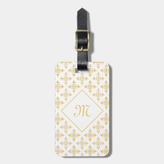 Luxury Monogram White en Gold Quatre Floral Bagagelabel (Voorkant verticaal)
