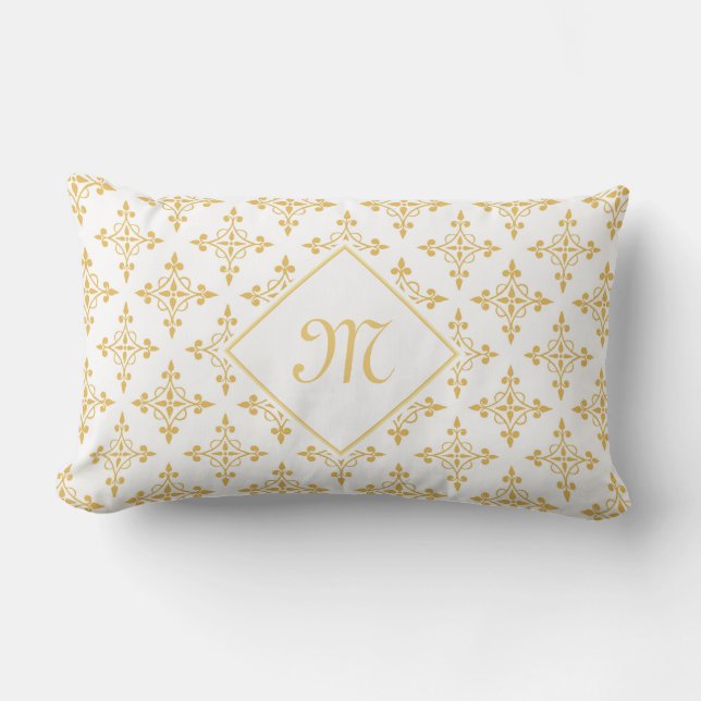 Luxury Monogram White en Gold Quatre Floral Kussen (Voorkant)