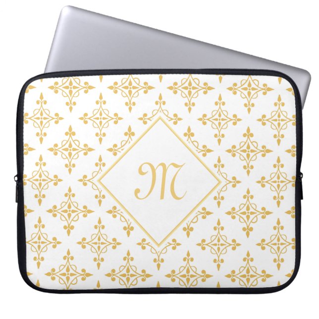 Luxury Monogram White en Gold Quatre Floral Laptop Sleeve (Voorkant)