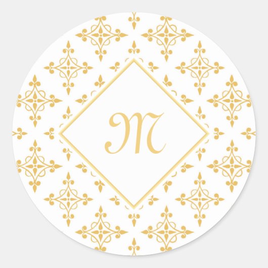Luxury Monogram White en Gold Quatre Floral Ronde Sticker (Voorkant)
