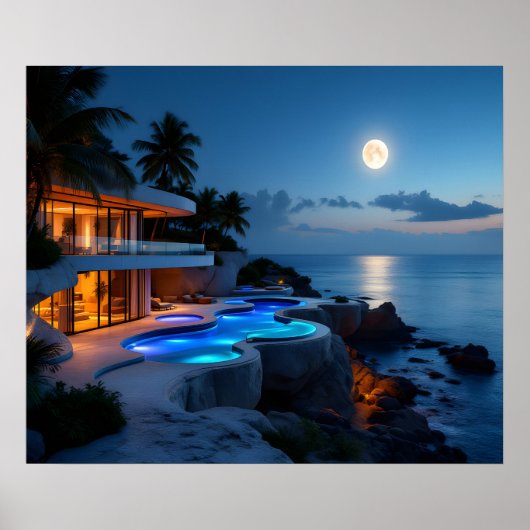 Luxury Moonlit Villa – Modern Ocean Night Aestheti Poster (Voorkant)