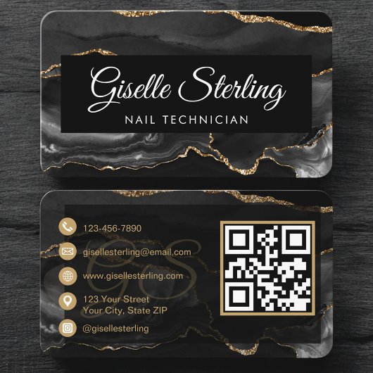 Luxury Nail Technician Black Gold QR Code Visitekaartje