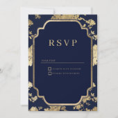 Luxury navy blue and gold floral RSVP Kaart (Voorkant)