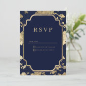 Luxury navy blue and gold floral RSVP Kaart (Staand voorkant)