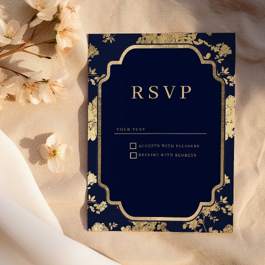 Luxury navy blue and gold floral RSVP Kaart