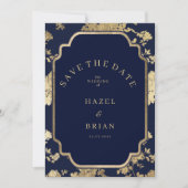 Luxury navy blue and gold floral Save the Date Kaart (Voorkant)