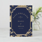 Luxury navy blue and gold floral Save the Date Kaart (Staand voorkant)