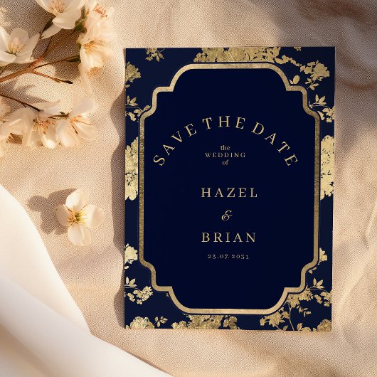 Luxury navy blue and gold floral Save the Date Kaart