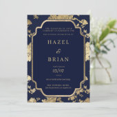 Luxury navy blue and gold floral Wedding Kaart (Staand voorkant)