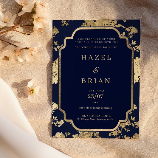 Luxury navy blue and gold floral Wedding Kaart