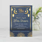 Luxury Navy Blue and Gold Mandala Iftar Dinner Kaart (Staand voorkant)