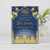Luxury Navy Blue and Gold Mosque Iftar Dinner Kaart (Staand voorkant)