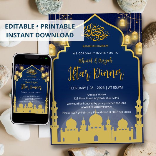 Luxury Navy Blue and Gold Mosque Iftar Dinner Kaart