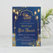 Luxury Navy Blue and Gold Peacock Ramadan Iftar Kaart (Staand voorkant)