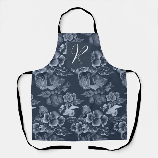 Luxury Navy Blue en Silver Floral Monogrammed Schort (Voorkant)