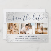 Luxury Navy Blue en Silver Glitter Wedding Photo Save The Date (Voorkant)
