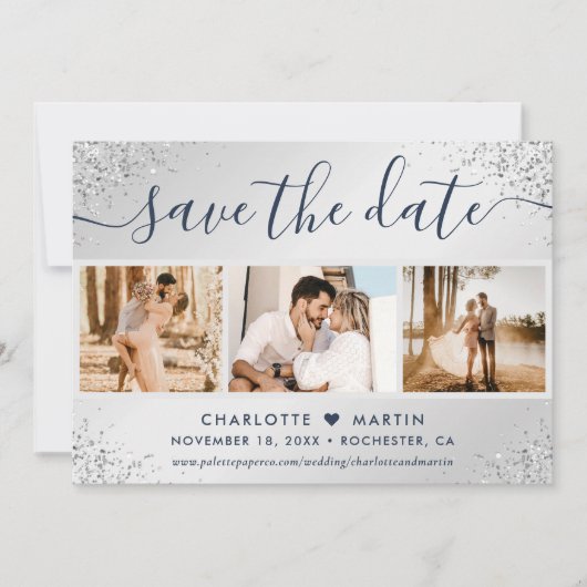 Luxury Navy Blue en Silver Glitter Wedding Photo Save The Date (Voorkant)
