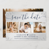 Luxury Navy Blue en Silver Glitter Wedding Photo Save The Date (Voorkant / Achterkant)
