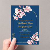 Luxury Navy Blue Gold Arch Magnolia Wedding Acryl Uitnodigingen (Insitu (Draagbaar))