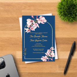 Luxury Navy Blue Gold Arch Magnolia Wedding Acryl Uitnodigingen