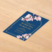 Luxury Navy Blue Gold Arch Magnolia Wedding Acryl Uitnodigingen (Laagn)