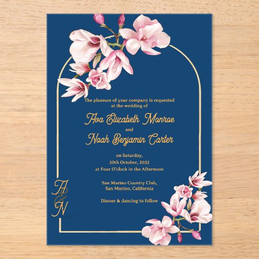 Luxury Navy Blue Gold Arch Magnolia Wedding Acryl Uitnodigingen (Voorkant)