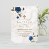 Luxury Navy Blue Gold Floral Cross Marble Baptisme Kaart (Staand voorkant)