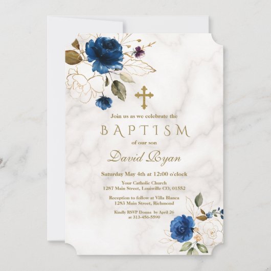 Luxury Navy Blue Gold Floral Cross Marble Baptisme Kaart (Voorkant)