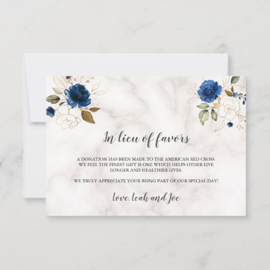 Luxury Navy Blue Gold Floral In Lieu of Favors  Notitiekaartje (Voorkant)