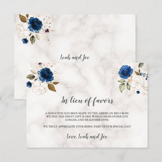 Luxury Navy Blue Gold Floral In Lieu of Favors  Notitiekaartje (Voorkant / Achterkant)
