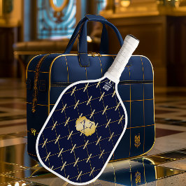 Luxury Navy Blue & Gold Lattice Monogram Pickleball Paddle