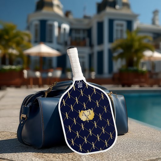 Luxury Navy Blue & Gold Lattice Monogram Pickleball Paddle