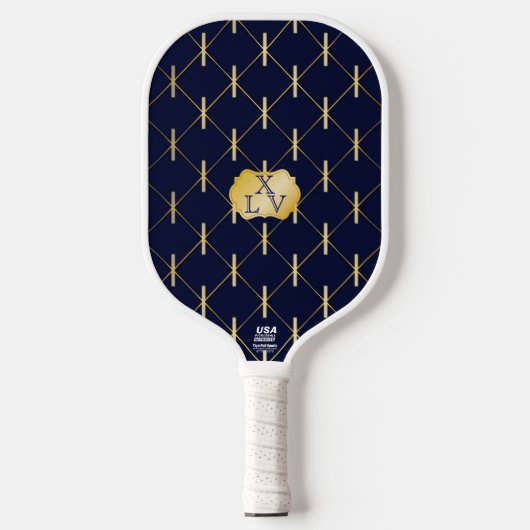 Luxury Navy Blue & Gold Lattice Monogram Pickleball Paddle (Voorkant)