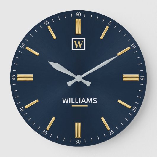 Luxury Navy Blue & Gold Minimalist Grote Klok (Voorkant)