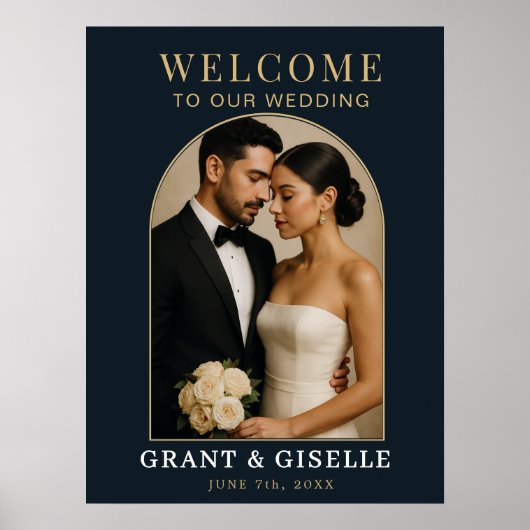 Luxury Navy Blue Gold Photo Wedding Welcome Sign  Poster (Voorkant)