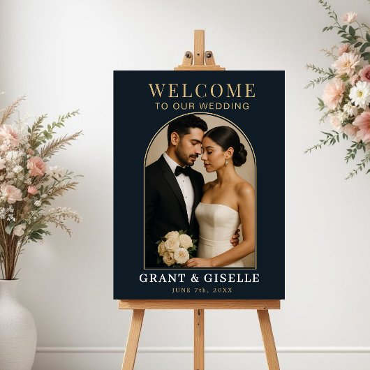 Luxury Navy Blue Gold Photo Wedding Welcome Sign  Poster