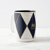 Luxury Navy Blue Gold Stripe Monogram Mok van twee (Voorkant links)