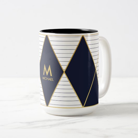 Luxury Navy Blue Gold Stripe Monogram Mok van twee (Voorkant rechts)