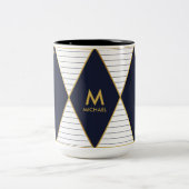 Luxury Navy Blue Gold Stripe Monogram Mok van twee (Center)