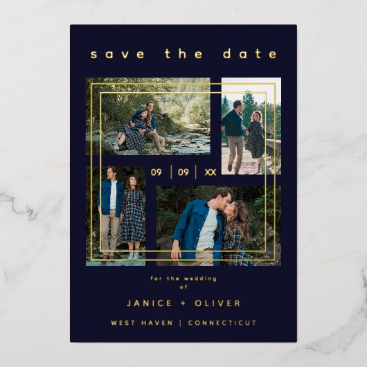 Luxury Navy Blue Minimalist Trendy Wedding Collage Folie Uitnodiging (Voorkant)