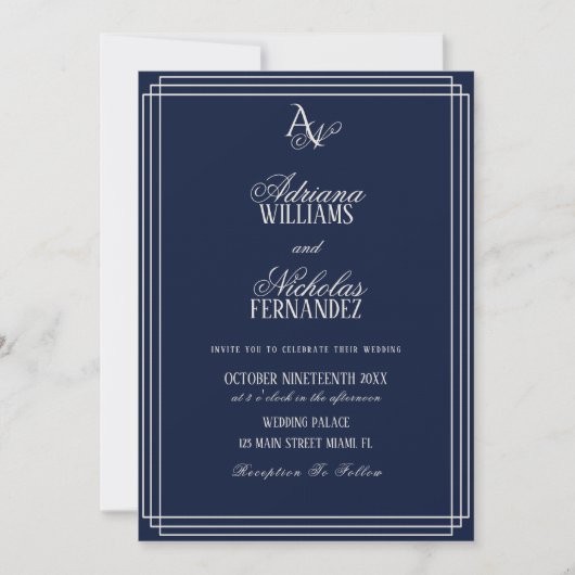 Luxury Navy Blue Monogram Wedding Kaart (Voorkant)