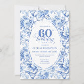 Luxury Navy Blue Roses Toile 60th Birthday Invite Kaart (Voorkant)