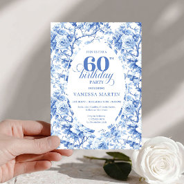 Luxury Navy Blue Roses Toile 60th Birthday Invite Kaart