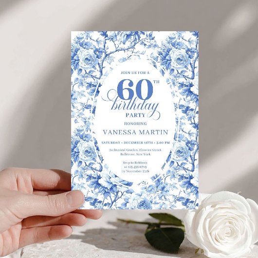 Luxury Navy Blue Roses Toile 60th Birthday Invite Kaart