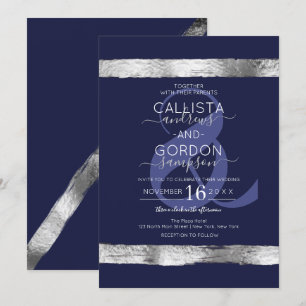 Luxury Navy Blue Silver-penseelrand bruiloft Kaart