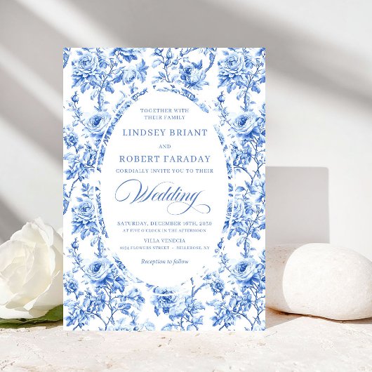 Luxury Navy Blue Toile Rose Floral Wedding Invite Kaart