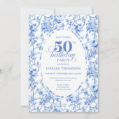 Luxury Navy Blue Toile Roses 50th Birthday Invite Kaart (Voorkant)