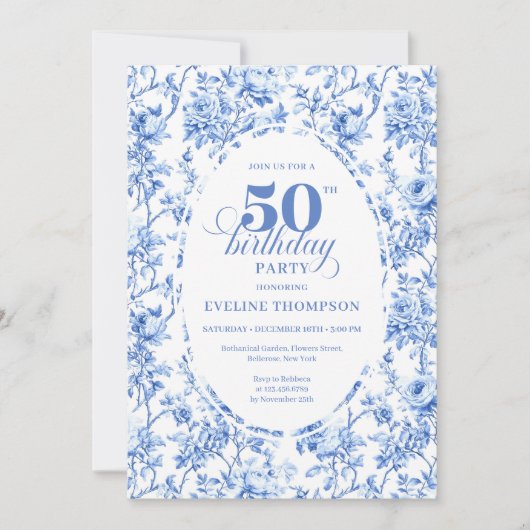 Luxury Navy Blue Toile Roses 50th Birthday Invite Kaart (Voorkant)
